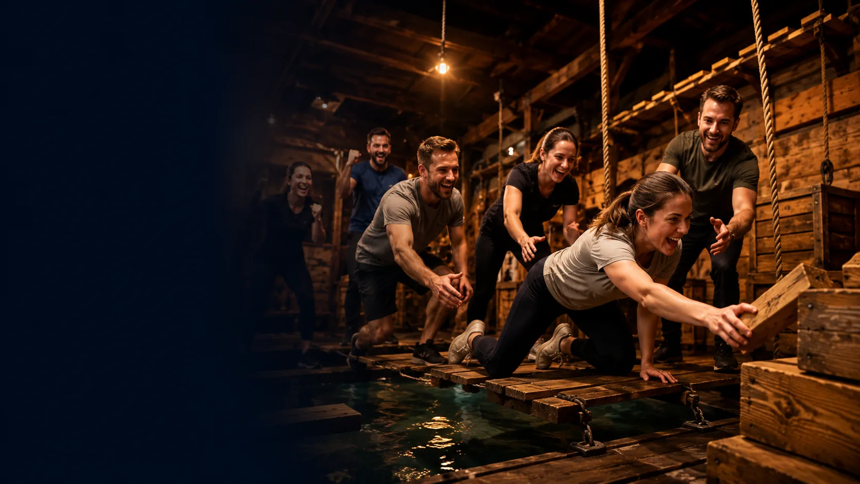 Une équipe franchit le parcours de plateformes en bois pendant un teambuilding au Blue Circus